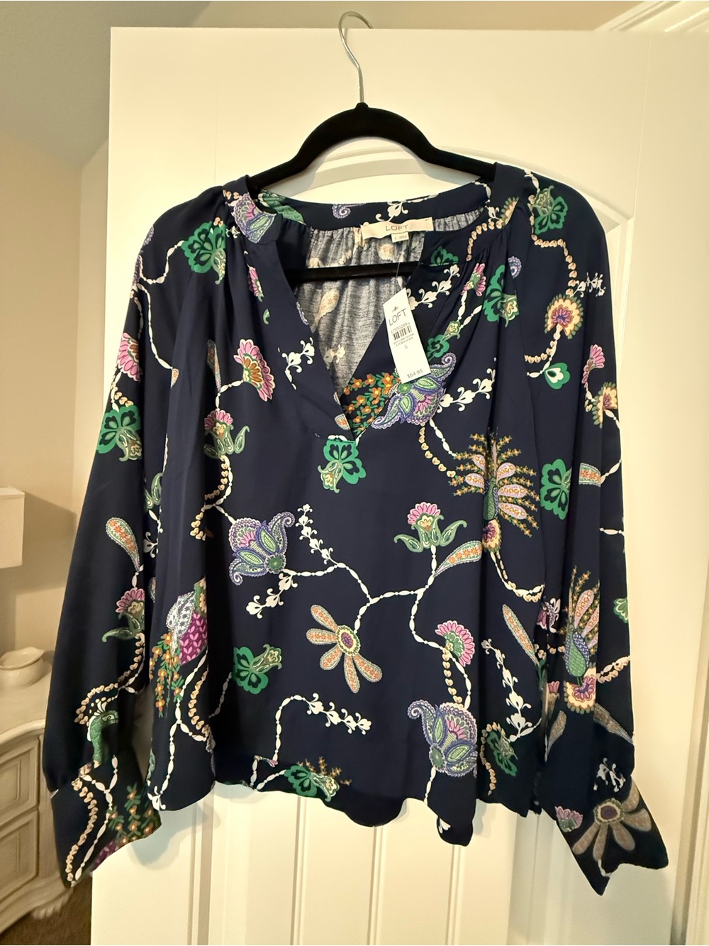 LOFT Navy Floral V-Neck Long-Sleeve Blouse